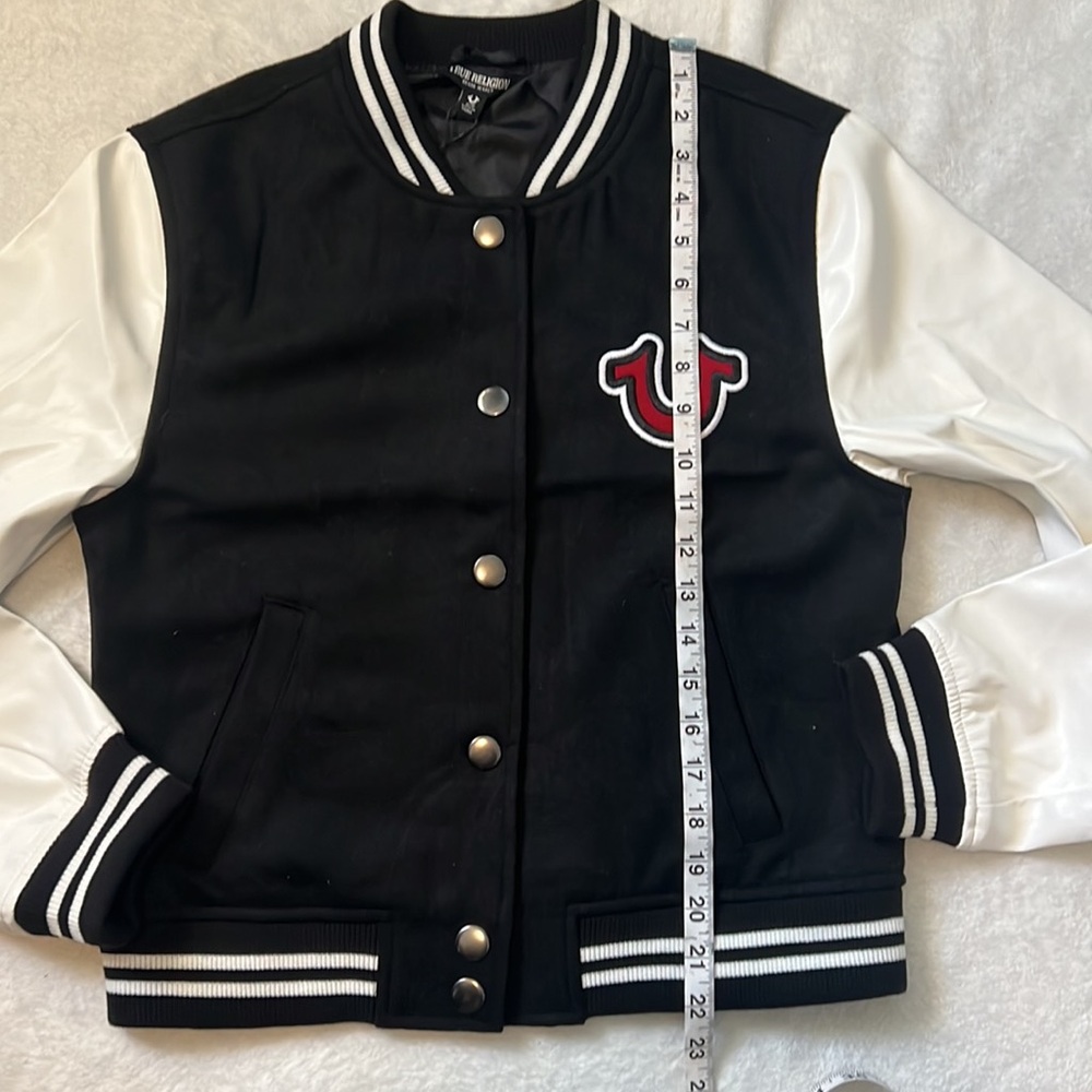 NWT True Religion True Varsity Jacket Black and Winter White Embroidered Detail - Picture 8 of 13